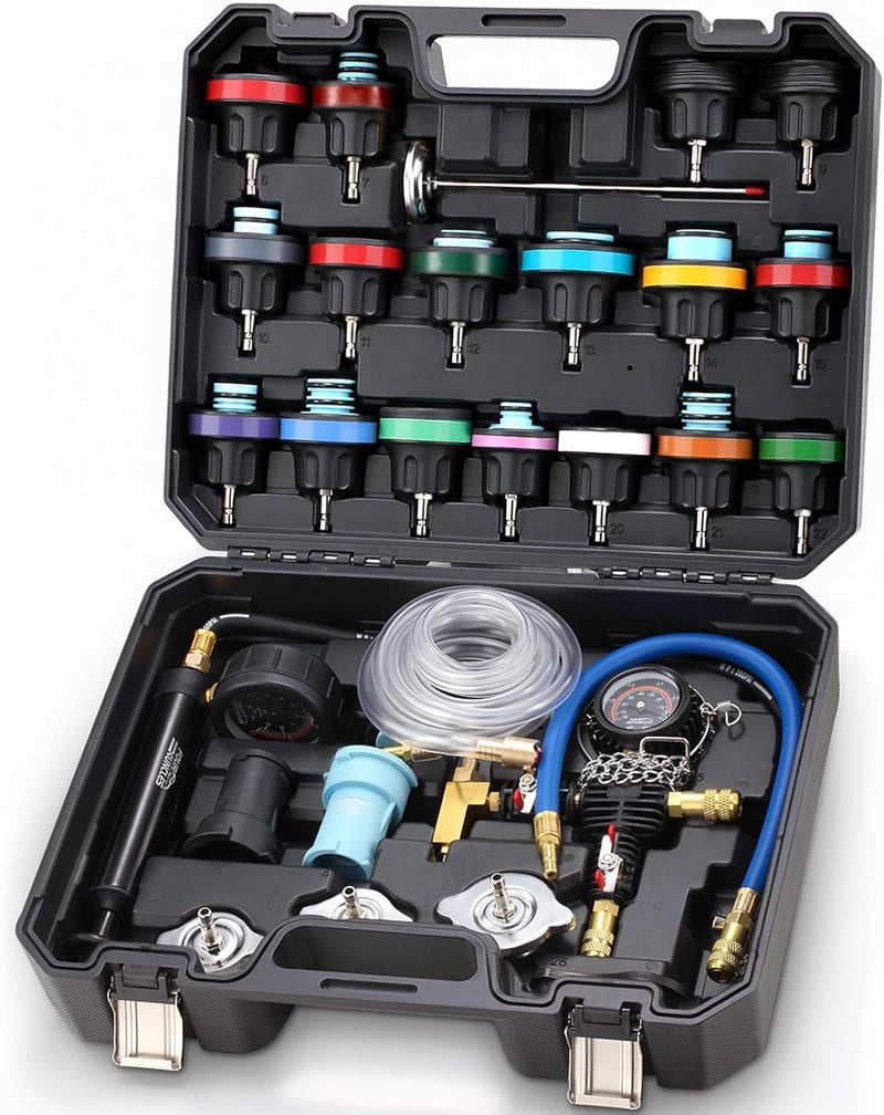 FOUR UNCLES Radiator & Coolant Pressure Tester and Vacuum Refill Kit - 28-Piece Universal Cooling System Leak Tester and Refiller for Cars Motorcycles Trucks (Black) - Image 1